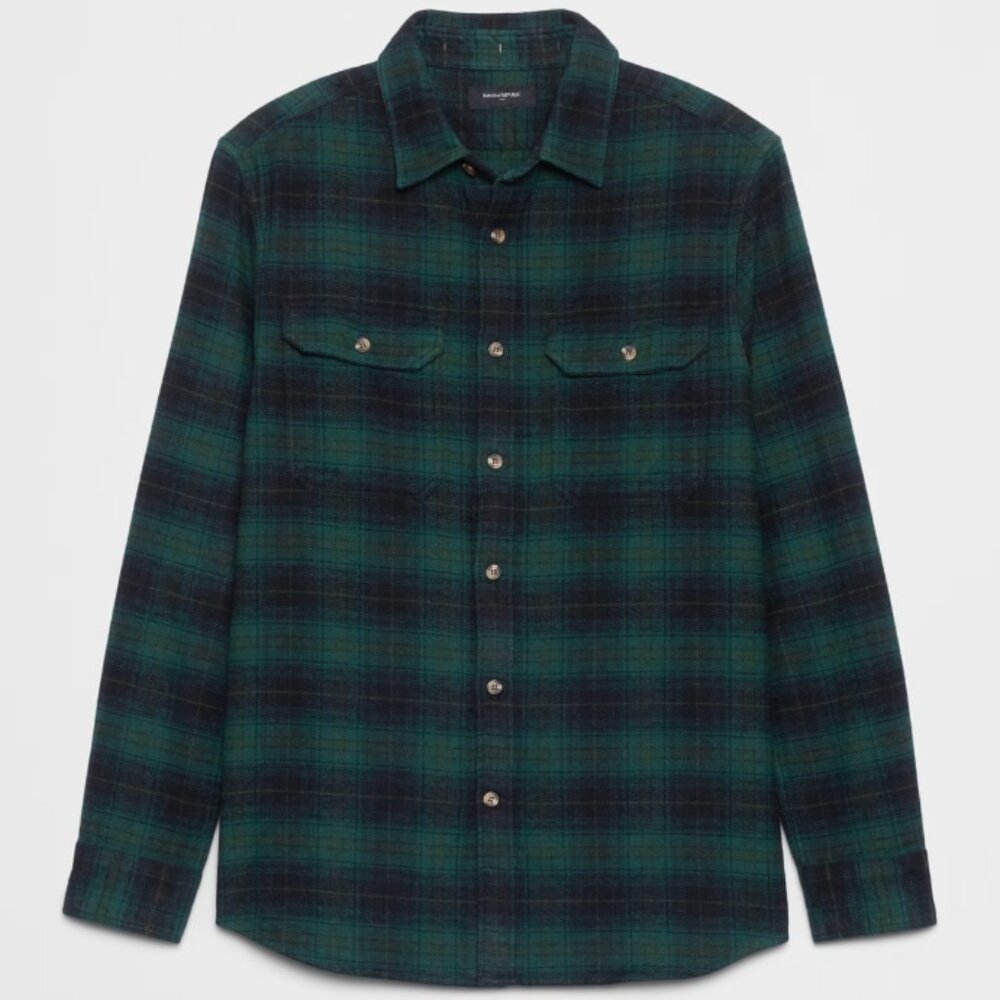 Banana Republic Standard Fit Green Plaid Heavyweight Flannel Shirt, Medium, EUC